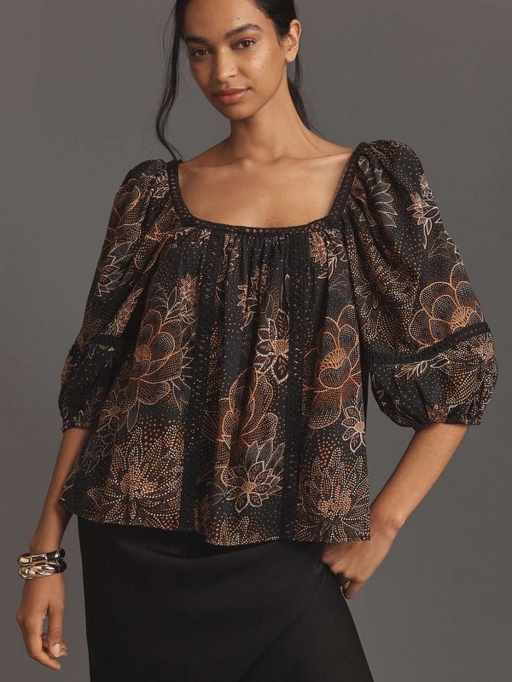 Farm Rio Black Floral Puff-Sleeve Blouse Peasant XXS